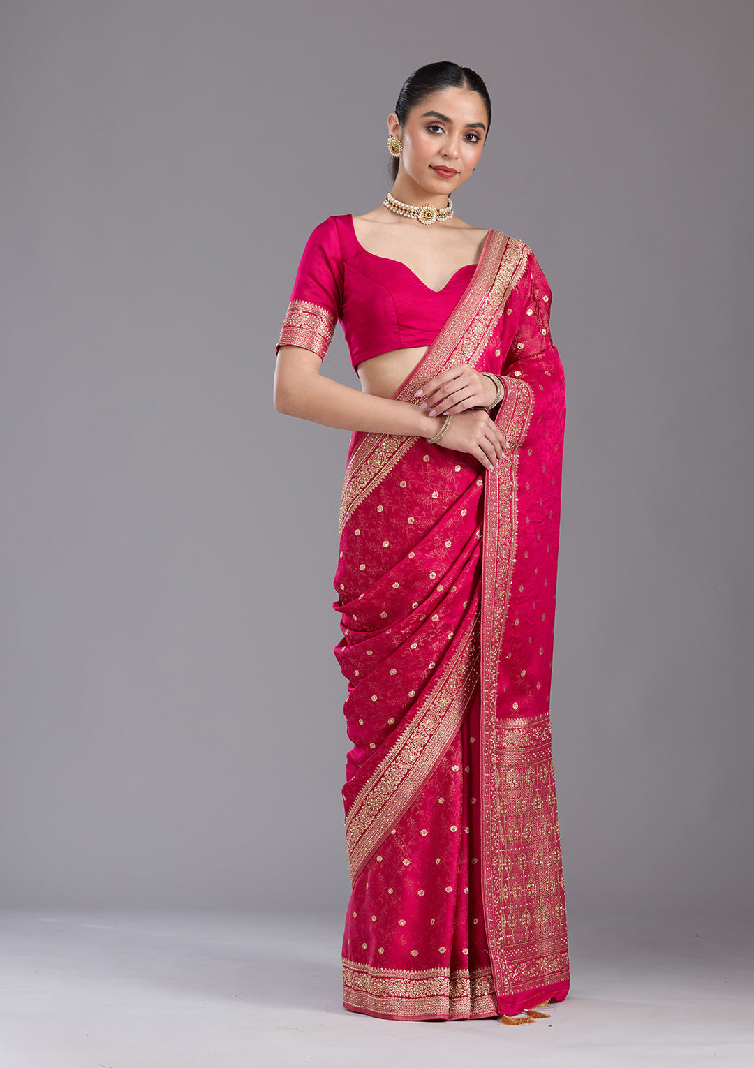 Rani Pink Aariwork Silk Saree