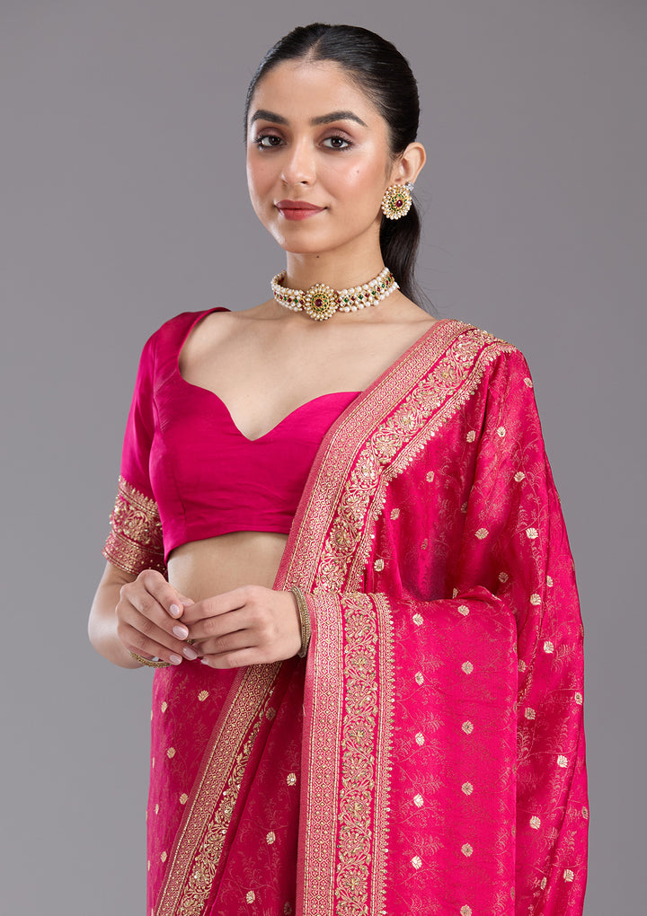 Rani Pink Aariwork Silk Saree