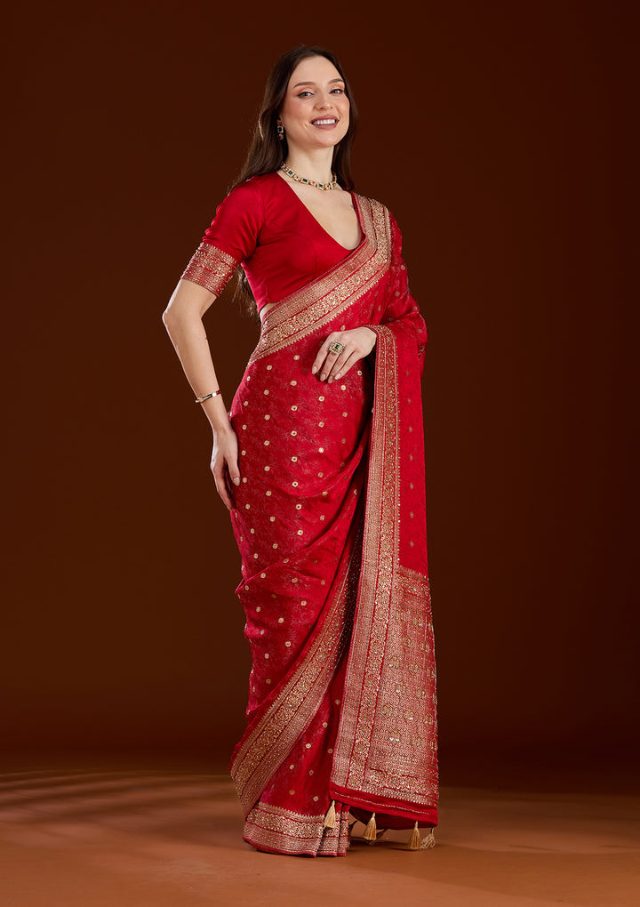 Red Silk Buti Cutdana Saree With Matching Blouse Piece