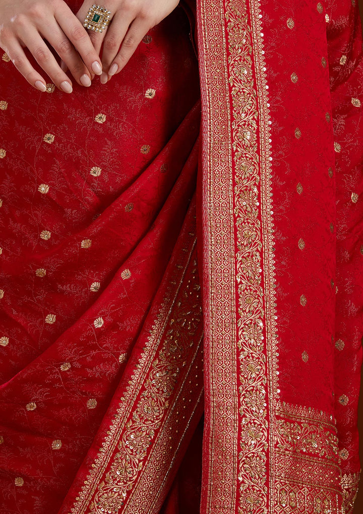 Red Silk Buti Cutdana Saree With Matching Blouse Piece