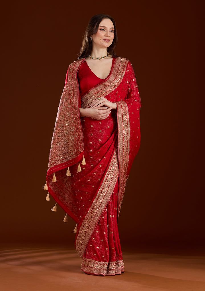 Red Silk Buti Cutdana Saree With Matching Blouse Piece