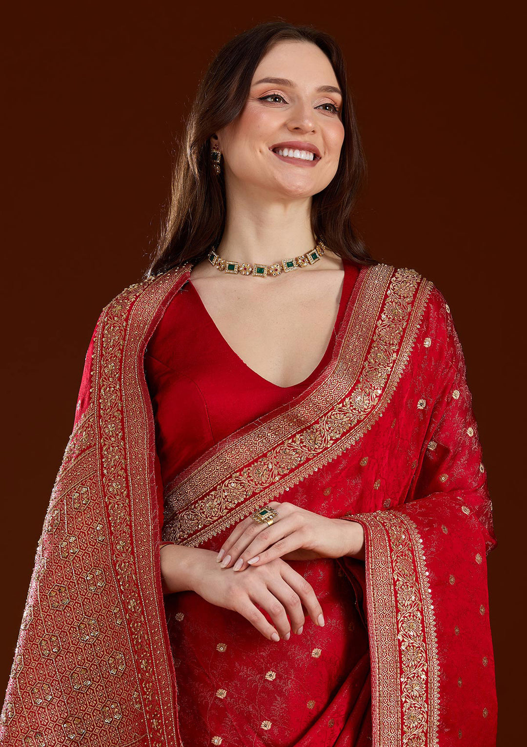 Red Silk Buti Cutdana Saree With Matching Blouse Piece