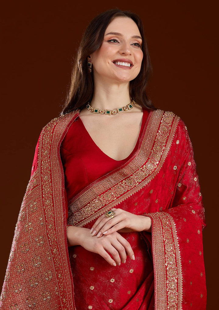 Red Silk Buti Cutdana Saree With Matching Blouse Piece