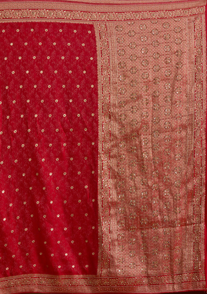 Red Silk Buti Cutdana Saree With Matching Blouse Piece