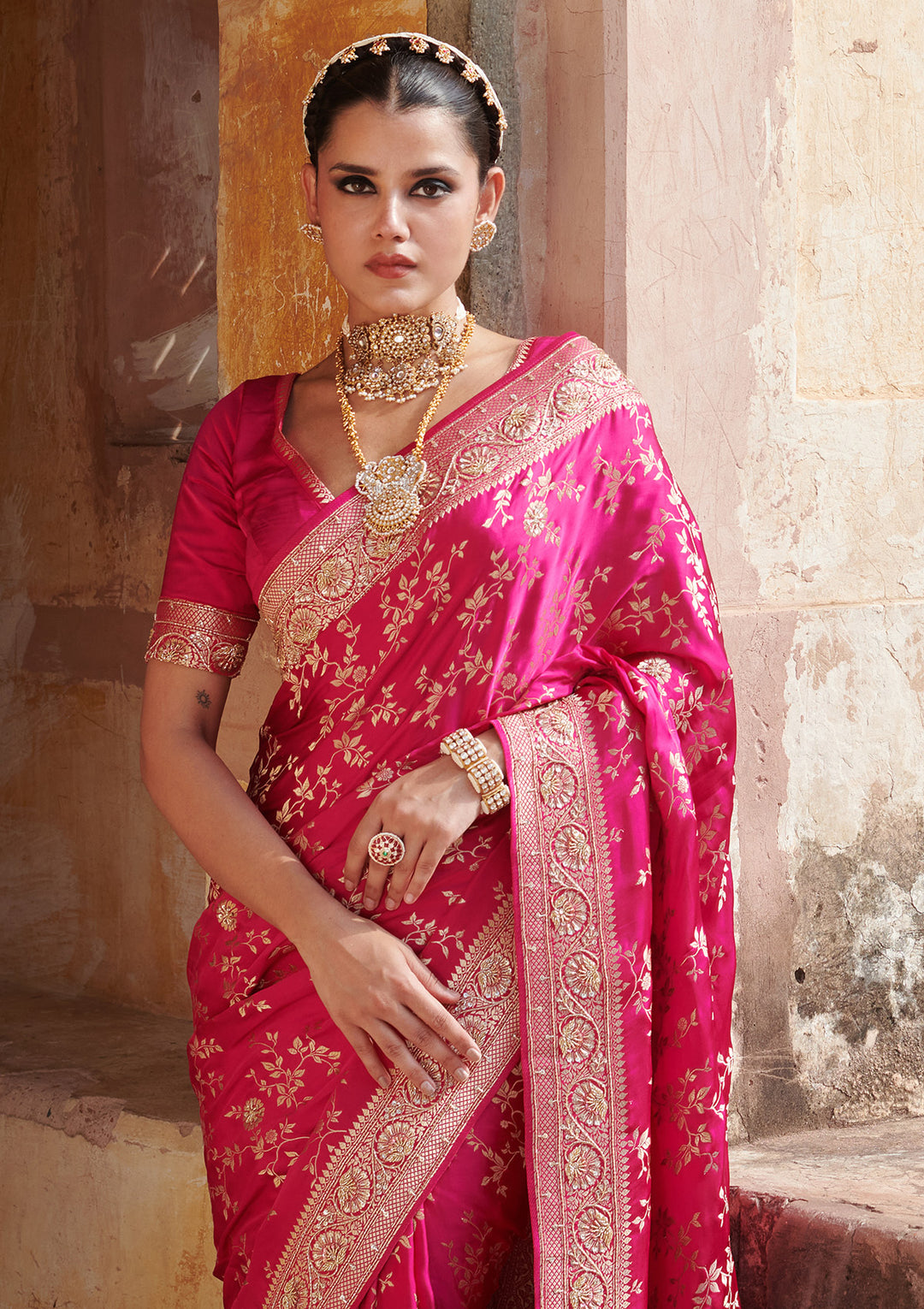 Magenta Pink Aariwork Pure Silk Silk_Saree