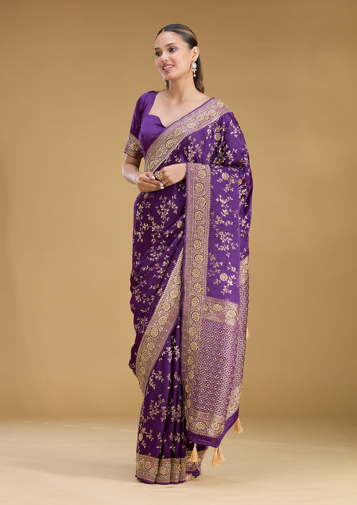 Purple Silk Buti Cutdana Saree With Matching Blouse Piece
