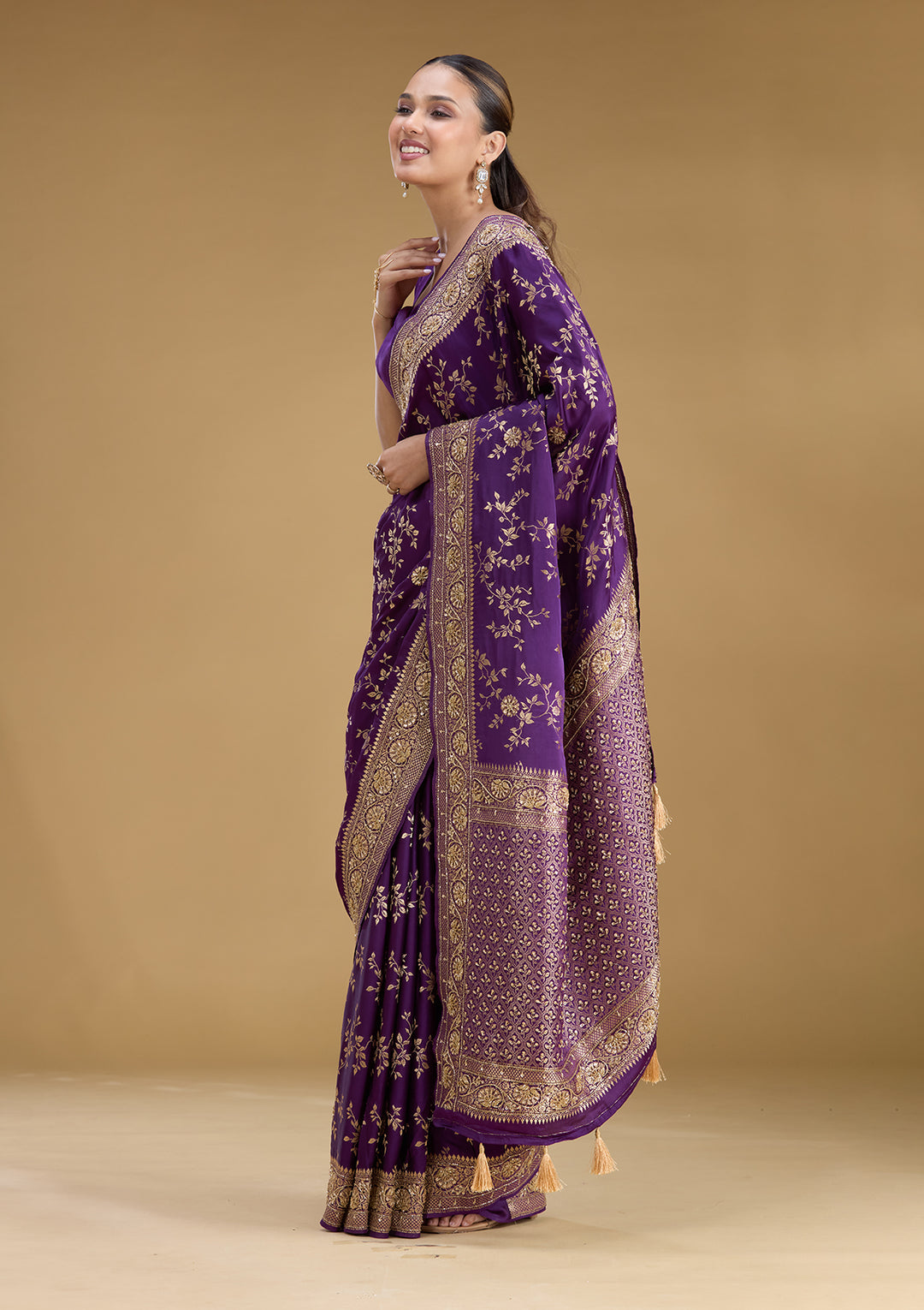 Purple Silk Buti Cutdana Saree With Matching Blouse Piece
