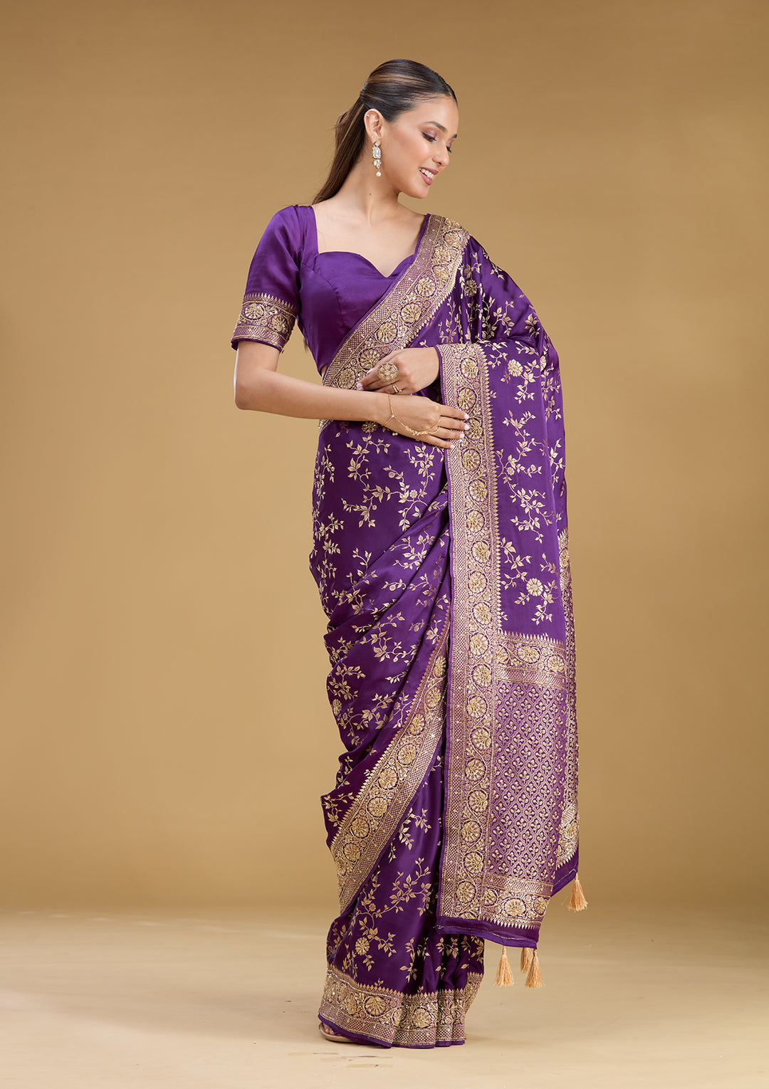 Purple Silk Buti Cutdana Saree With Matching Blouse Piece