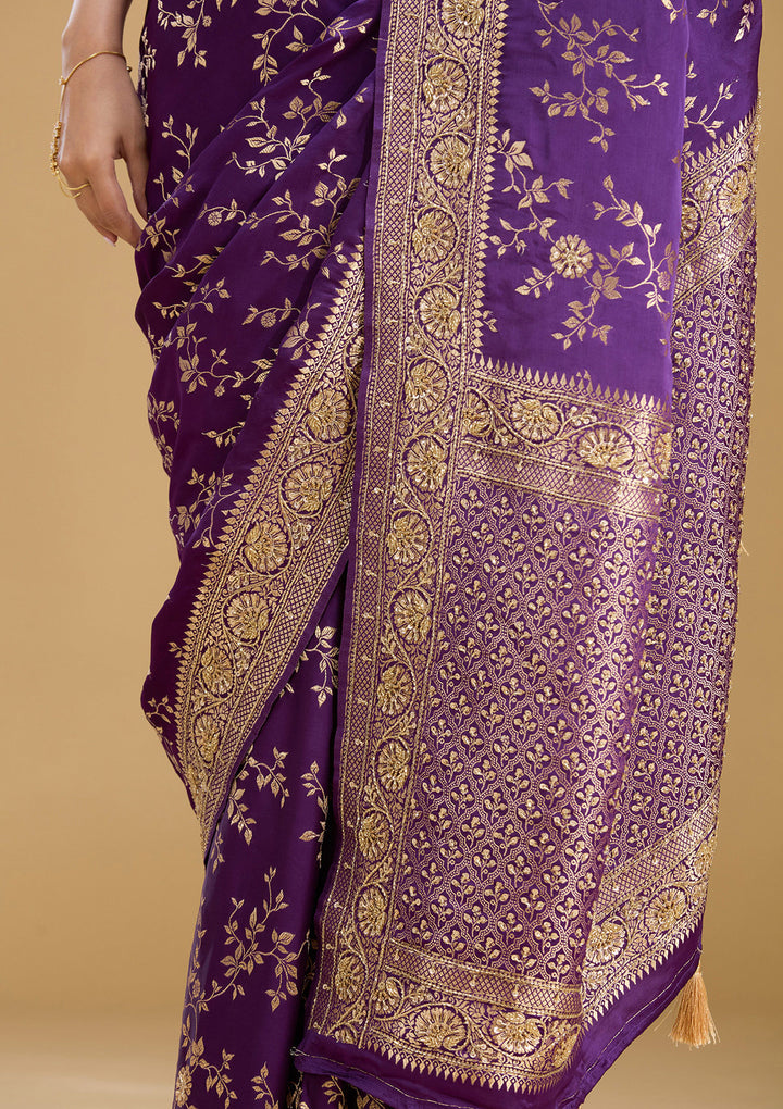 Purple Silk Buti Cutdana Saree With Matching Blouse Piece