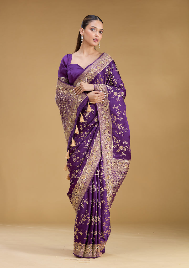 Purple Silk Buti Cutdana Saree With Matching Blouse Piece