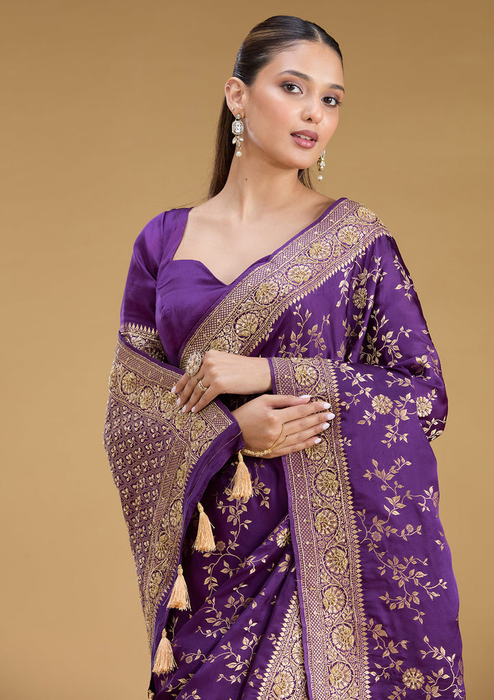 Purple Silk Buti Cutdana Saree With Matching Blouse Piece