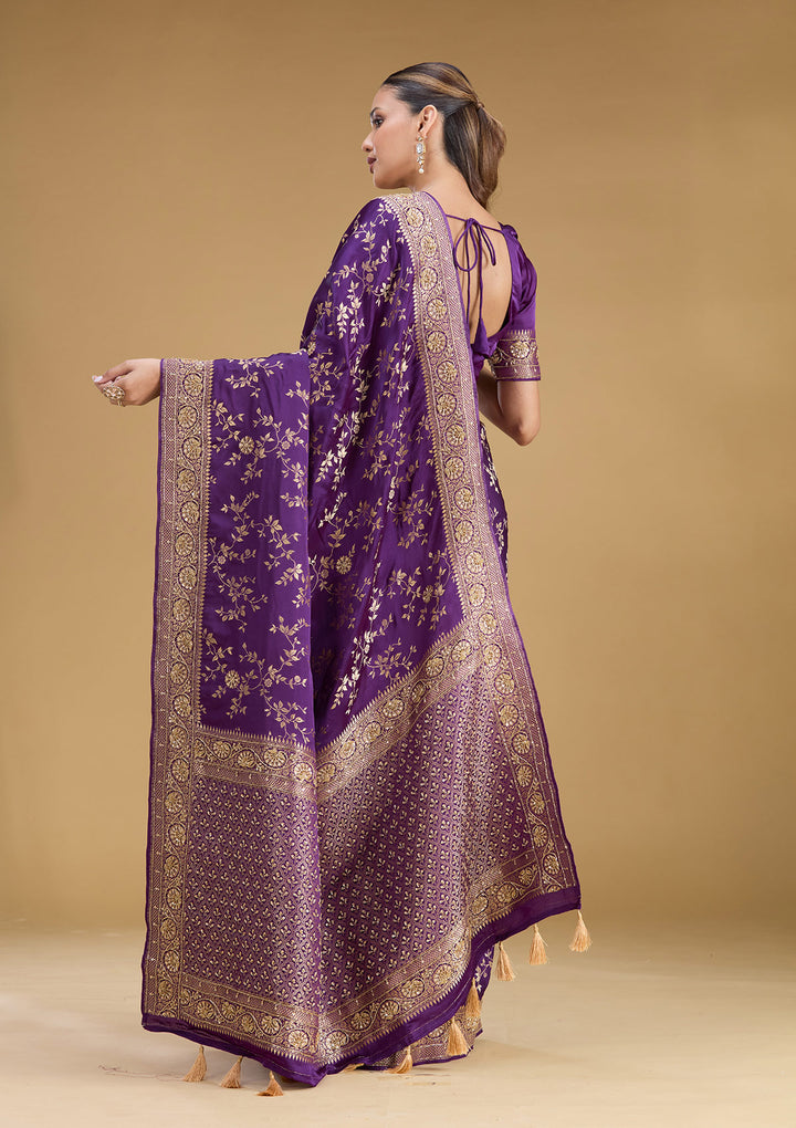 Purple Silk Buti Cutdana Saree With Matching Blouse Piece