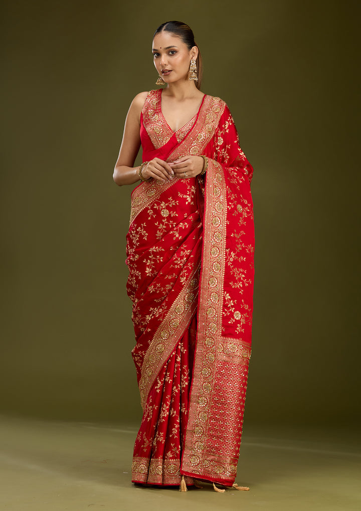 Red Silk Buti Cutdana Saree With Matching Blouse Piece