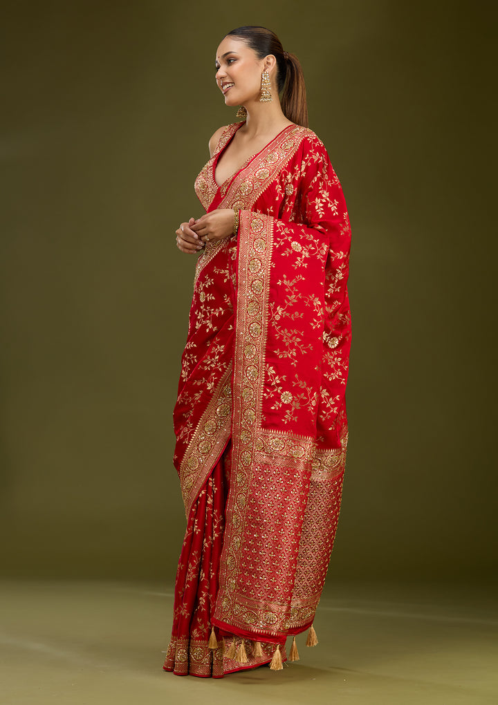 Red Silk Buti Cutdana Saree With Matching Blouse Piece