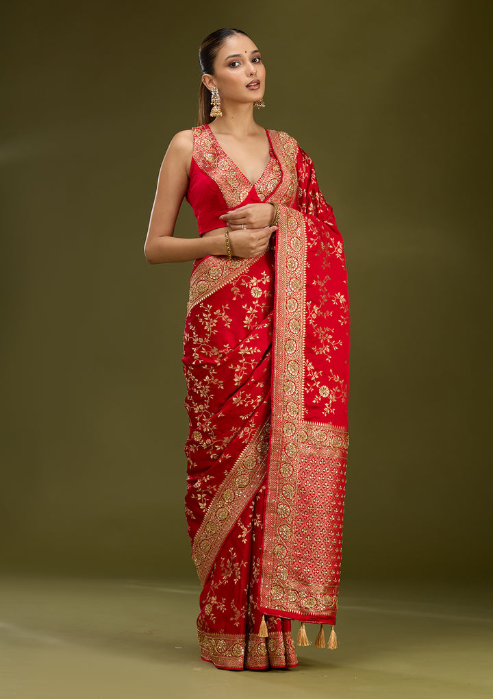 Red Silk Buti Cutdana Saree With Matching Blouse Piece