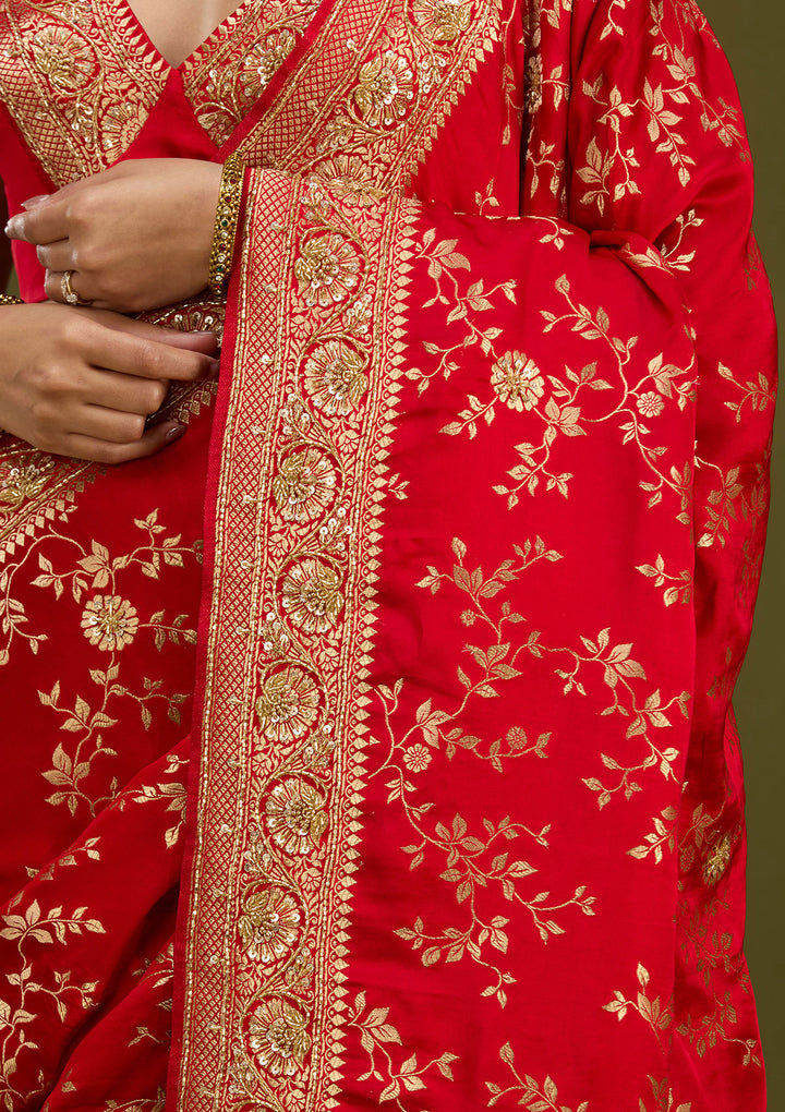 Red Silk Buti Cutdana Saree With Matching Blouse Piece