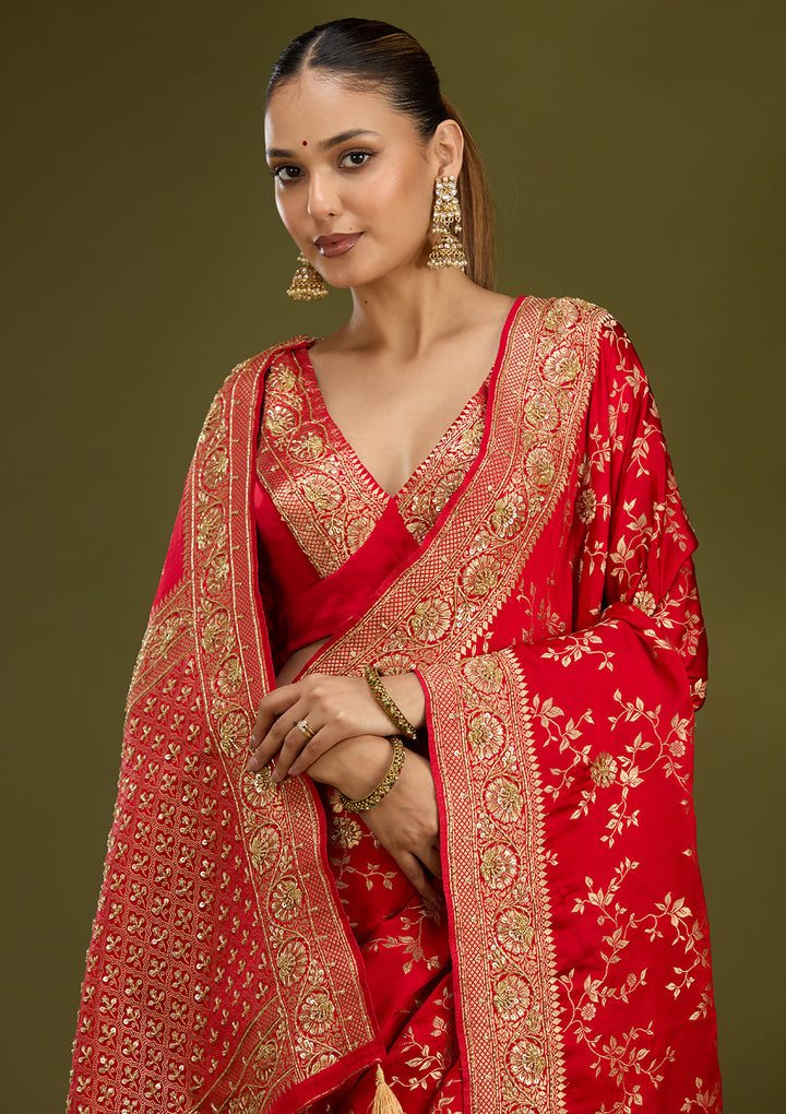 Red Silk Buti Cutdana Saree With Matching Blouse Piece