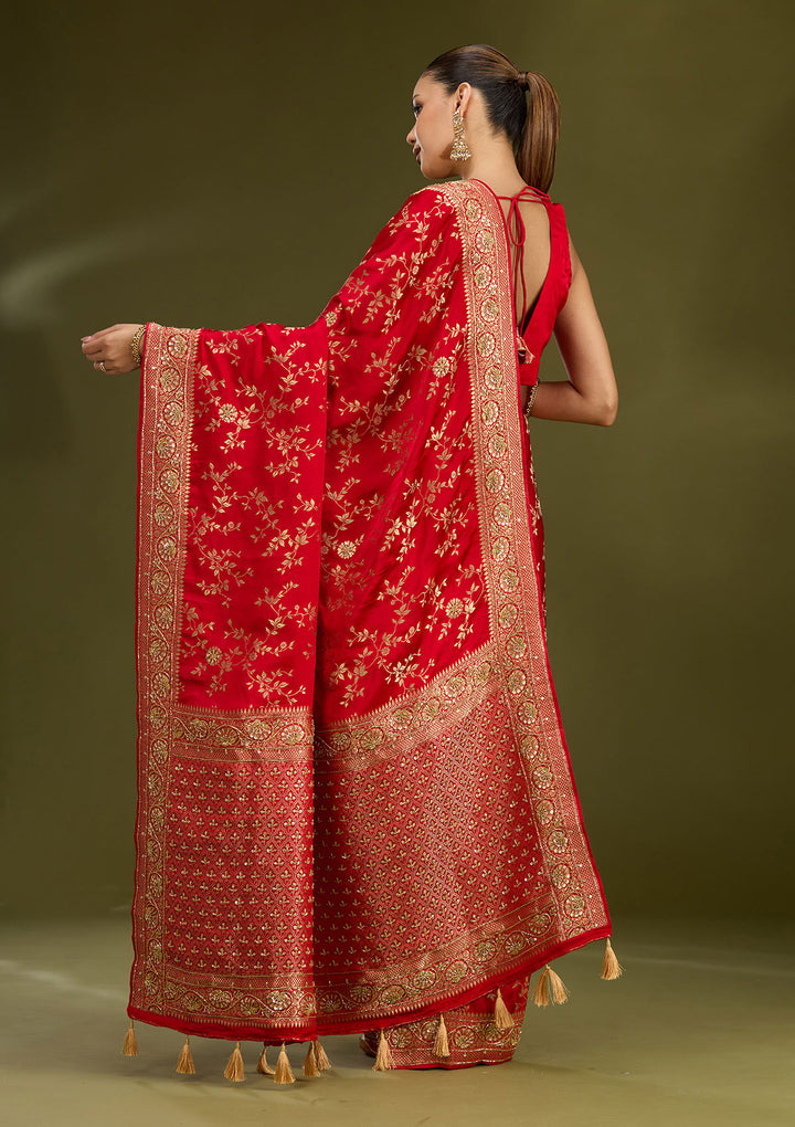 Red Silk Buti Cutdana Saree With Matching Blouse Piece