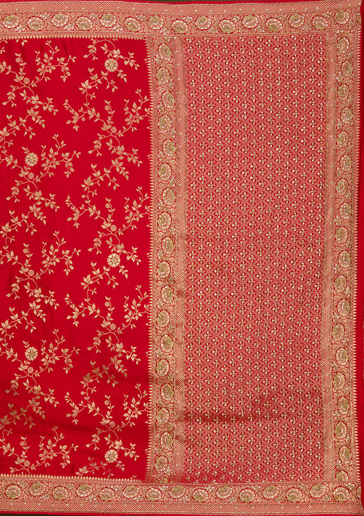 Red Silk Buti Cutdana Saree With Matching Blouse Piece