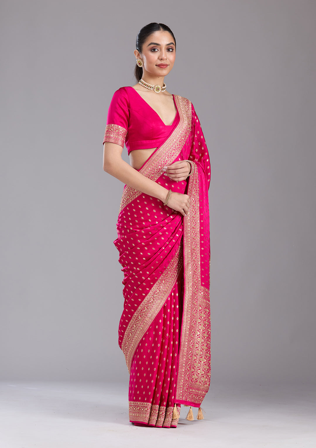 Rani Pink Aariwork Silk Saree