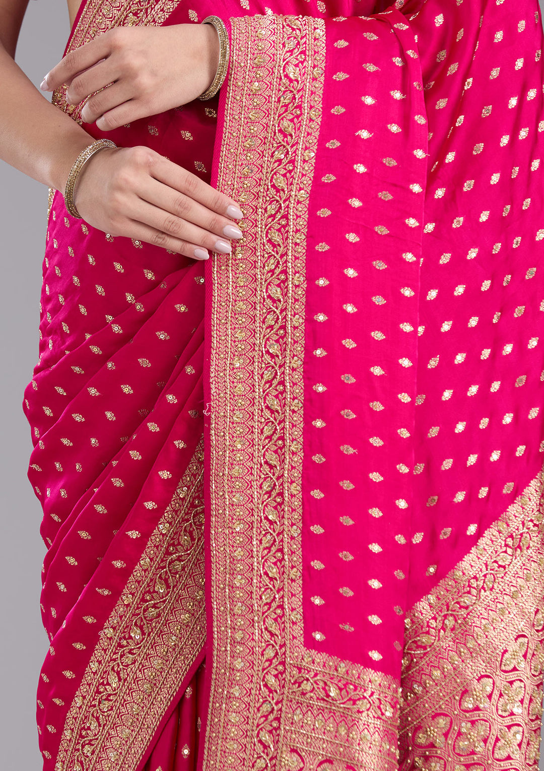 Rani Pink Aariwork Silk Saree