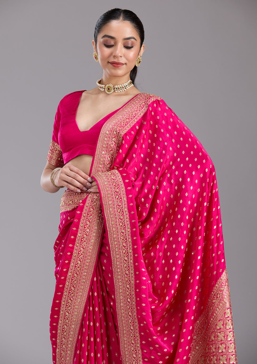 Rani Pink Aariwork Silk Saree