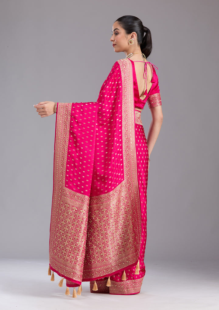 Rani Pink Aariwork Silk Saree