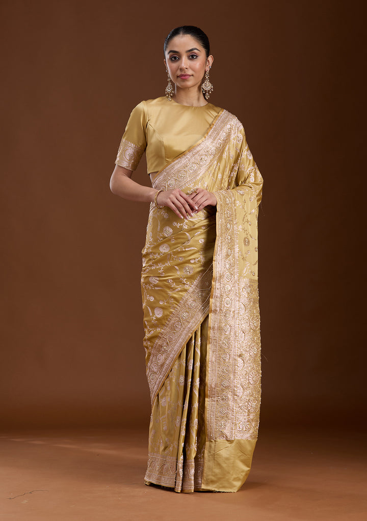 Mehendi Silk Jaal Gold Zardozi Saree With Matching Blouse Piece