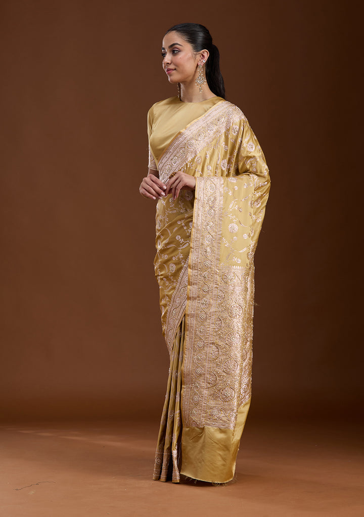 Mehendi Silk Jaal Gold Zardozi Saree With Matching Blouse Piece