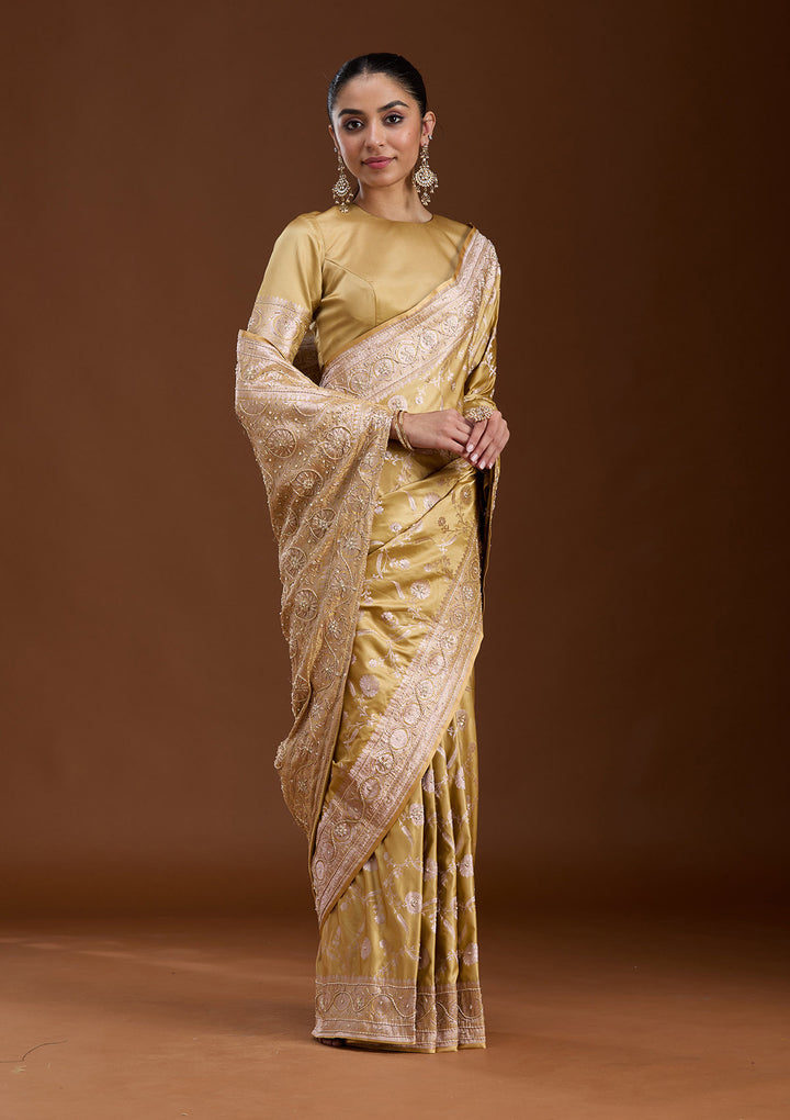Mehendi Silk Jaal Gold Zardozi Saree With Matching Blouse Piece