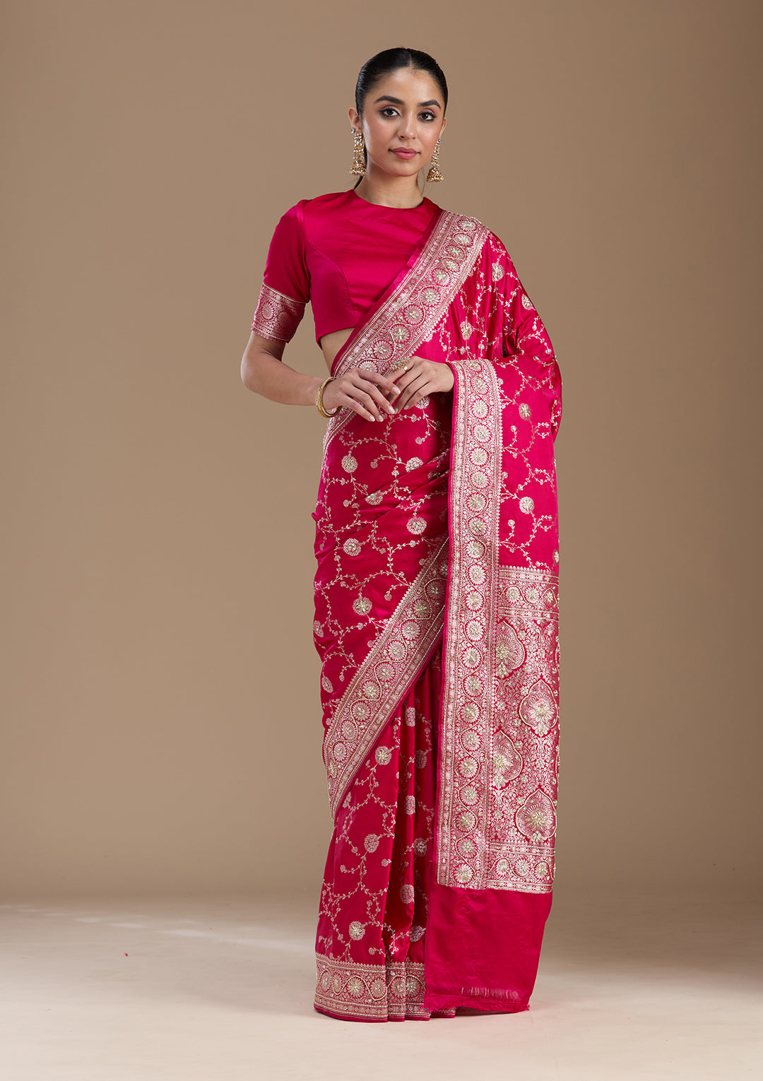 Rani Pink Silk Jaal Gold Zardozi Saree With Matching Blouse Piece