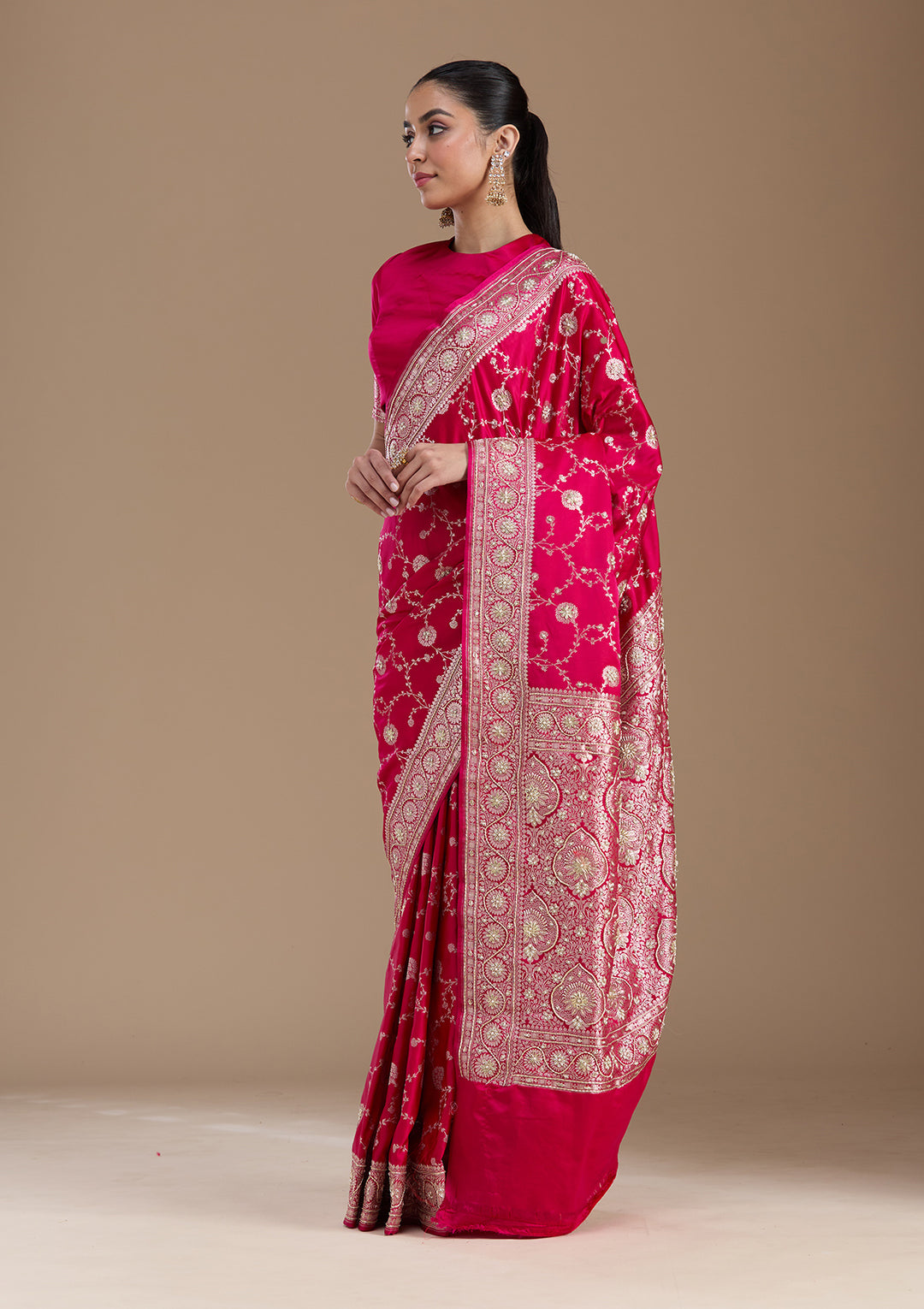 Rani Pink Silk Jaal Gold Zardozi Saree With Matching Blouse Piece