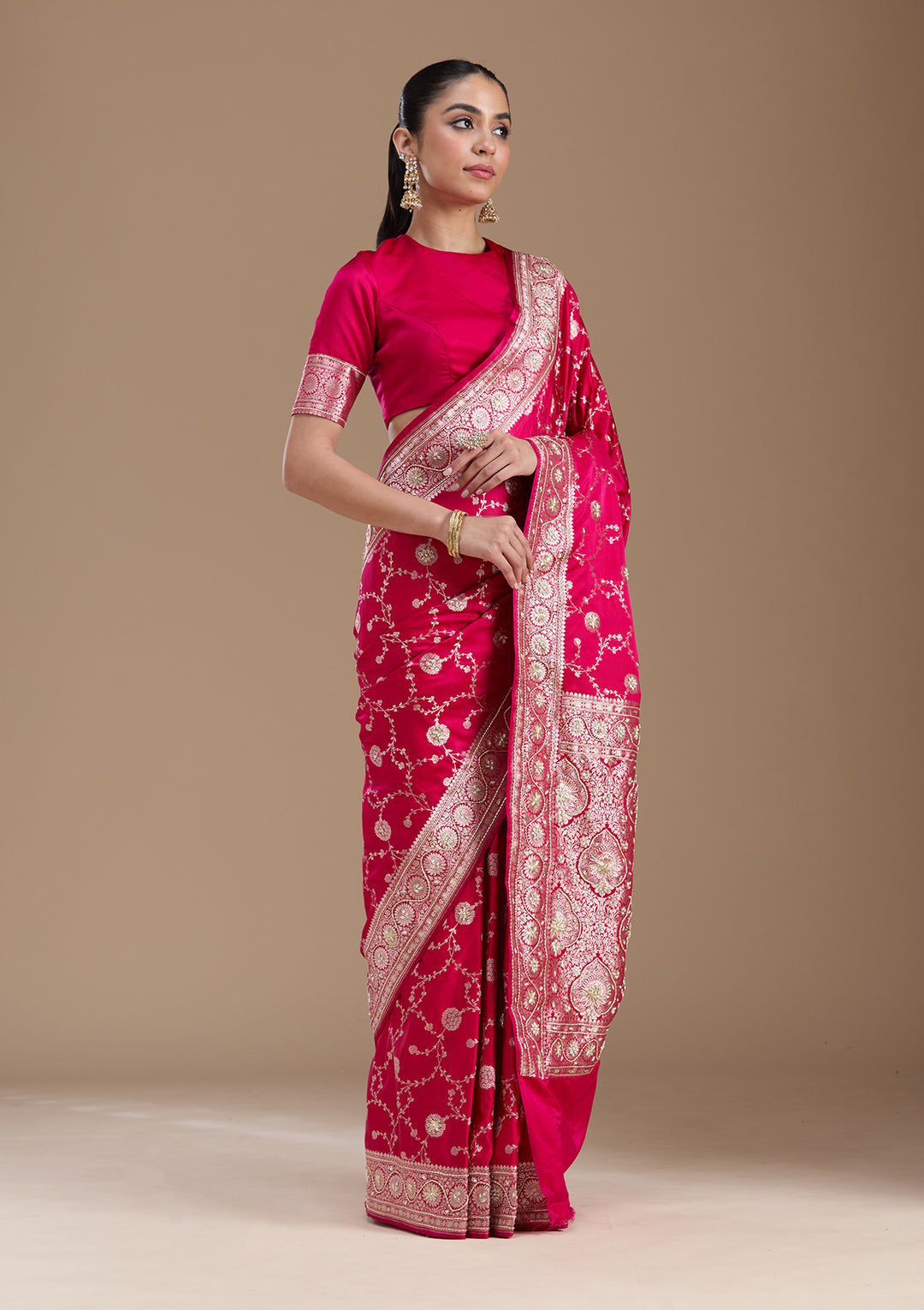 Rani Pink Silk Jaal Gold Zardozi Saree With Matching Blouse Piece