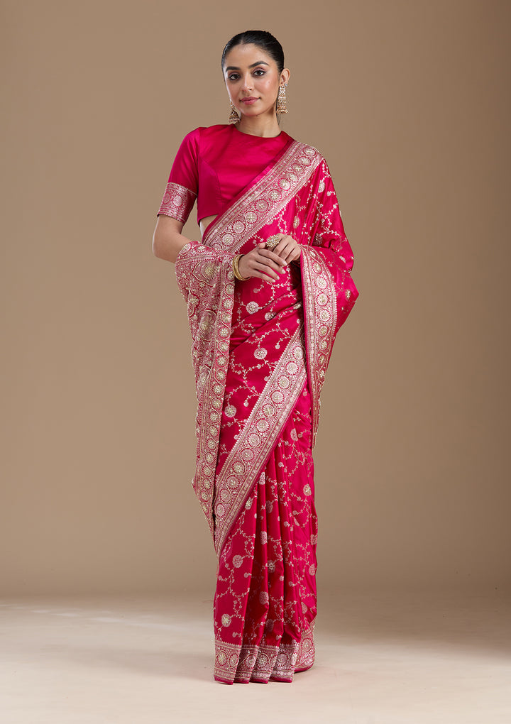 Rani Pink Silk Jaal Gold Zardozi Saree With Matching Blouse Piece
