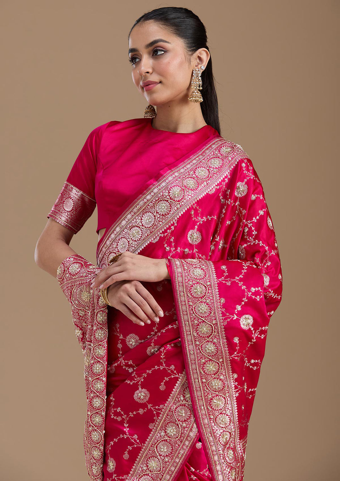 Rani Pink Silk Jaal Gold Zardozi Saree With Matching Blouse Piece
