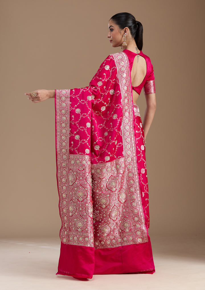 Rani Pink Silk Jaal Gold Zardozi Saree With Matching Blouse Piece