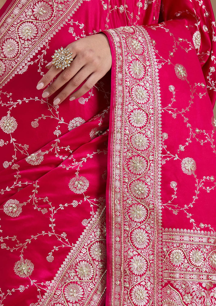 Rani Pink Silk Jaal Gold Zardozi Saree With Matching Blouse Piece