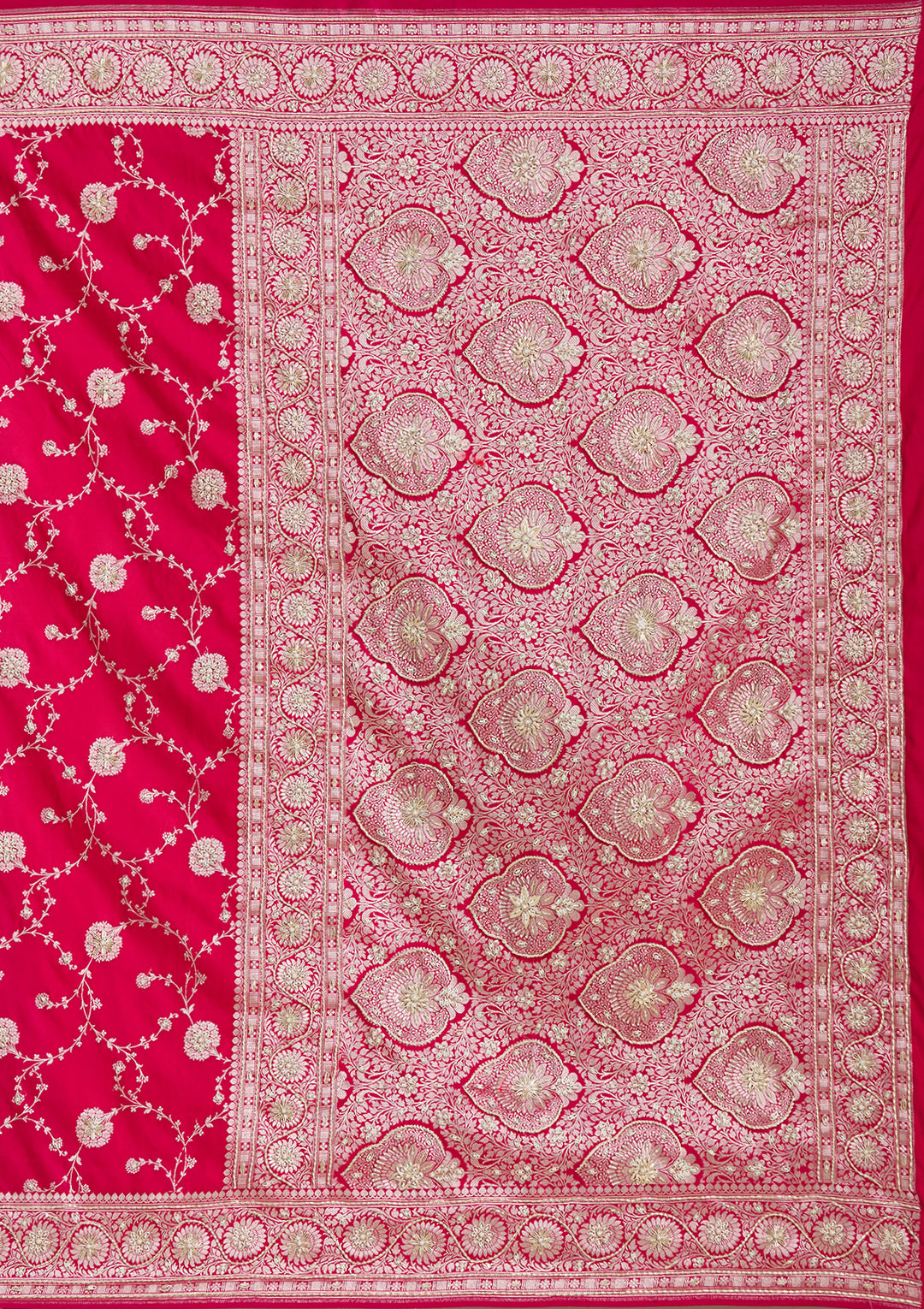 Rani Pink Silk Jaal Gold Zardozi Saree With Matching Blouse Piece