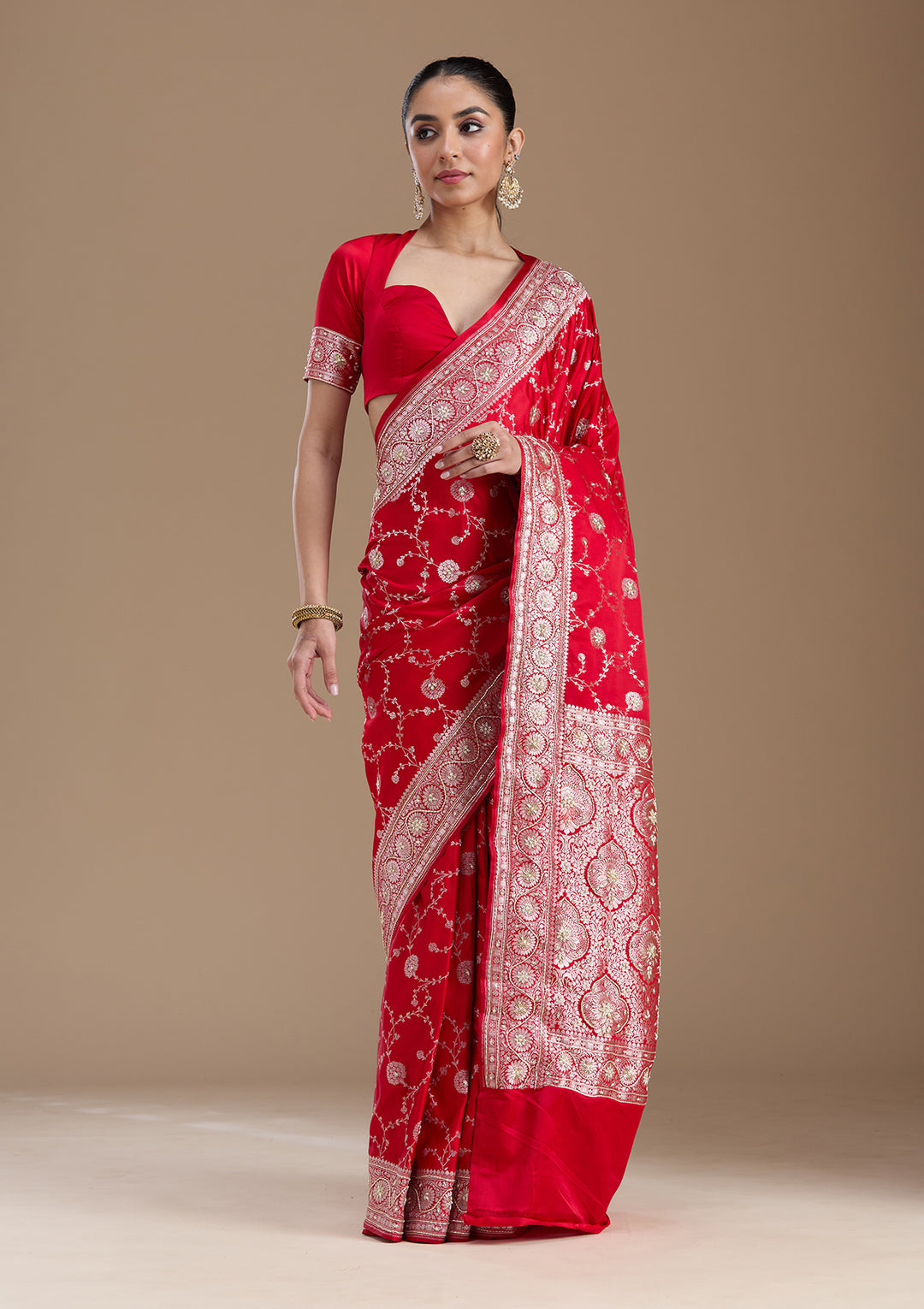 Red Silk Jaal Gold Zardozi Saree With Matching Blouse Piece