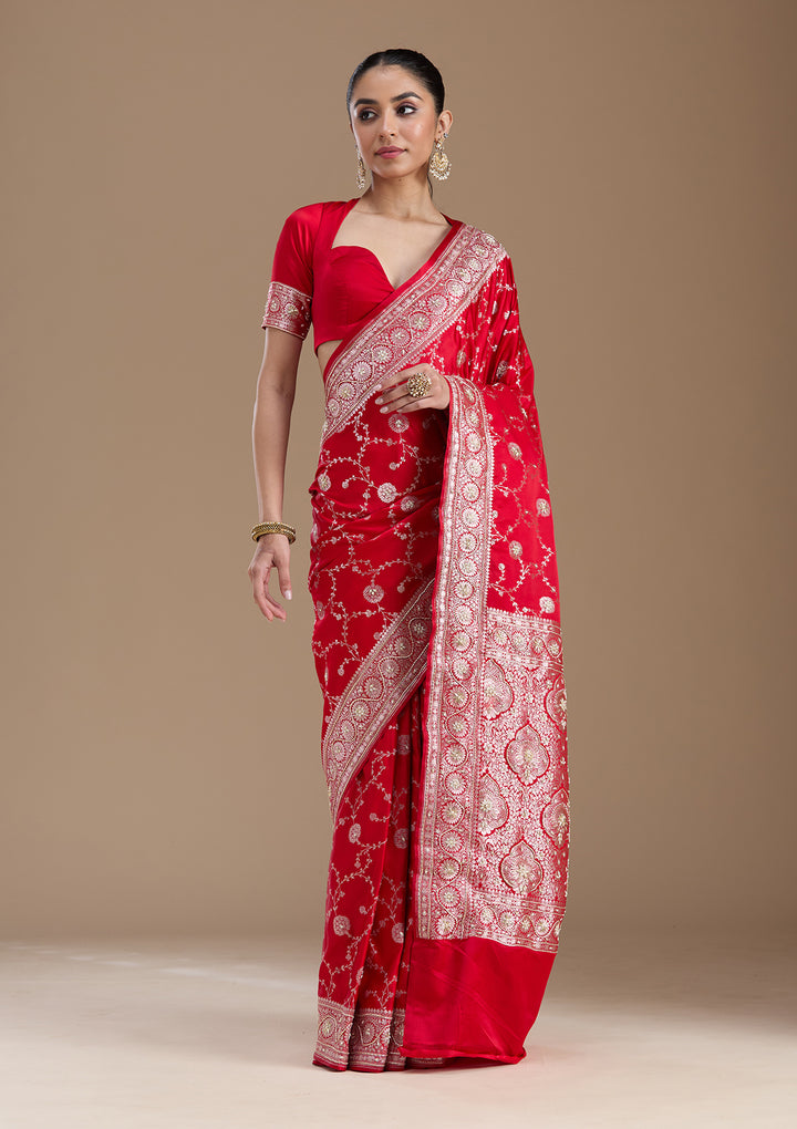 Red Silk Jaal Gold Zardozi Saree With Matching Blouse Piece
