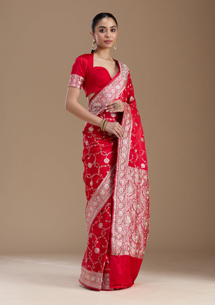 Red Silk Jaal Gold Zardozi Saree With Matching Blouse Piece