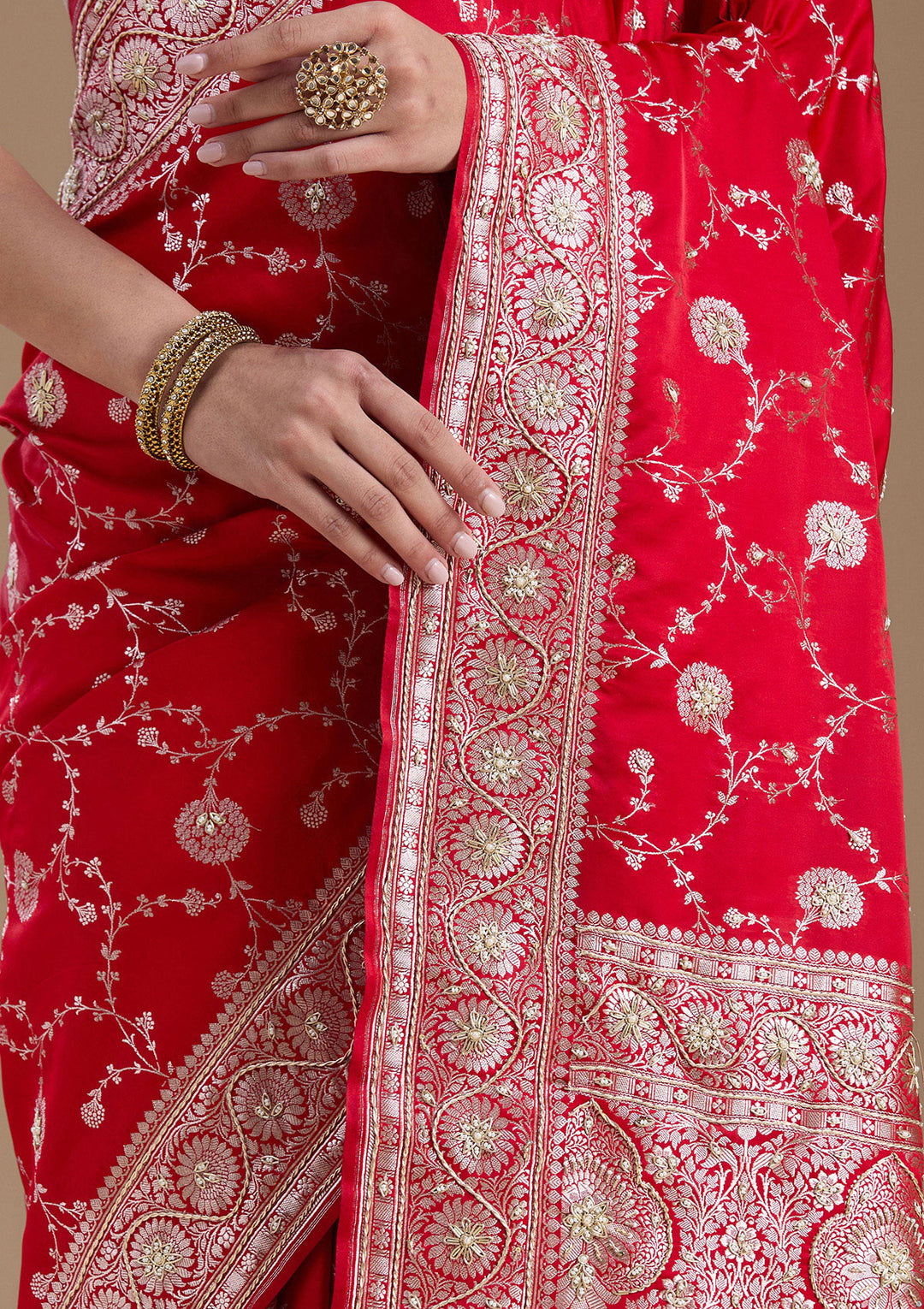 Red Silk Jaal Gold Zardozi Saree With Matching Blouse Piece