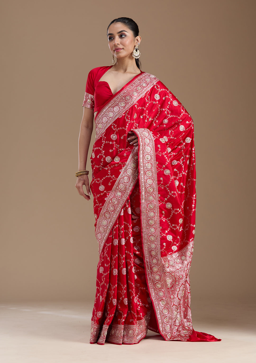Red Silk Jaal Gold Zardozi Saree With Matching Blouse Piece