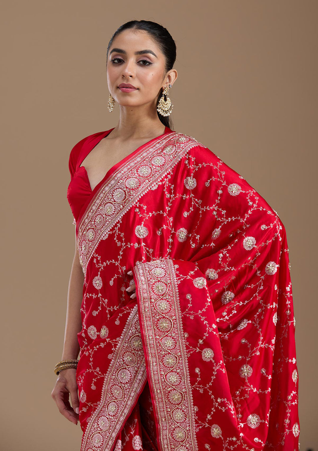 Red Silk Jaal Gold Zardozi Saree With Matching Blouse Piece