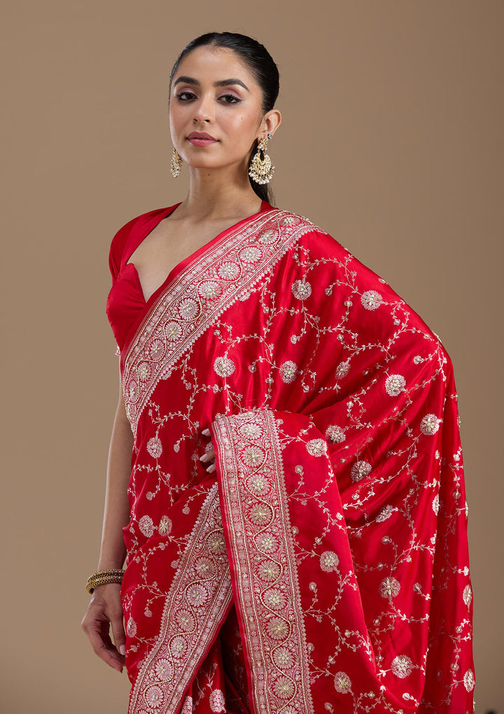 Red Silk Jaal Gold Zardozi Saree With Matching Blouse Piece