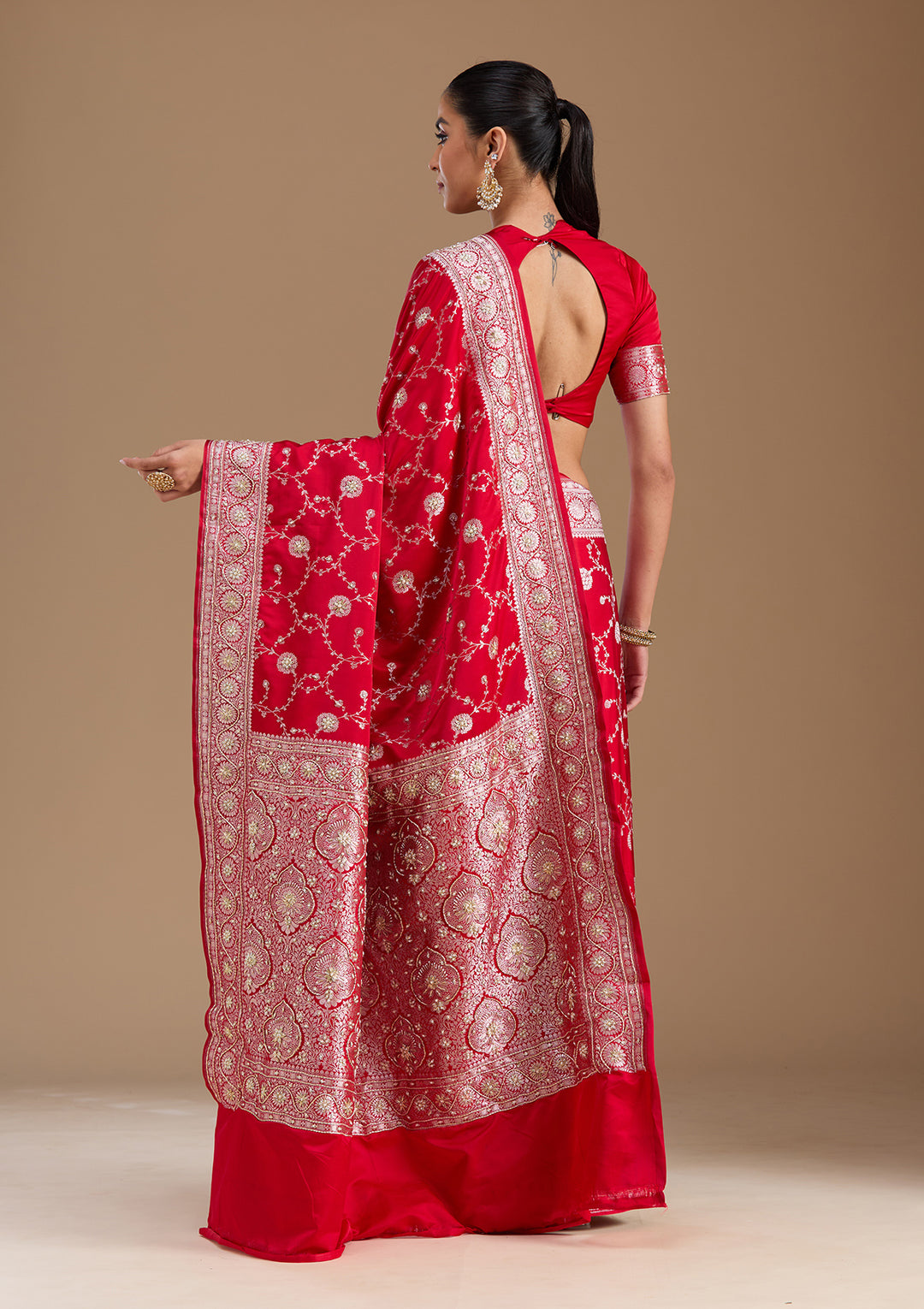 Red Silk Jaal Gold Zardozi Saree With Matching Blouse Piece