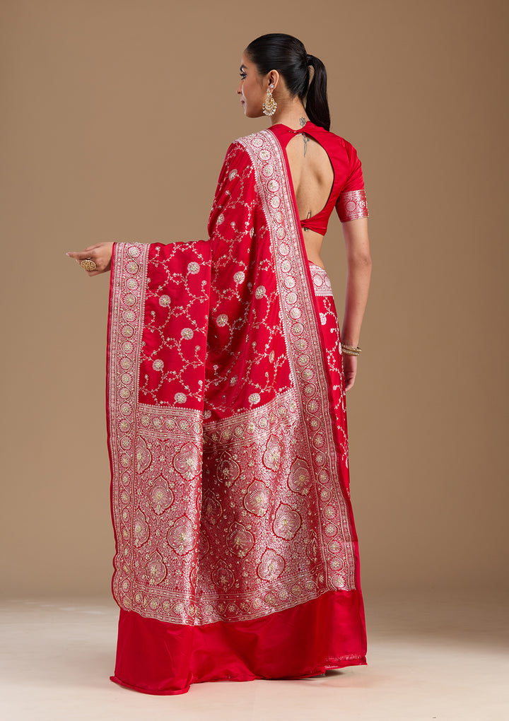 Red Silk Jaal Gold Zardozi Saree With Matching Blouse Piece