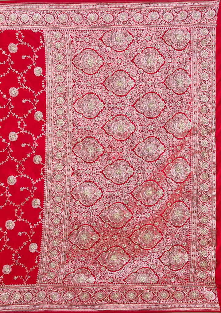 Red Silk Jaal Gold Zardozi Saree With Matching Blouse Piece