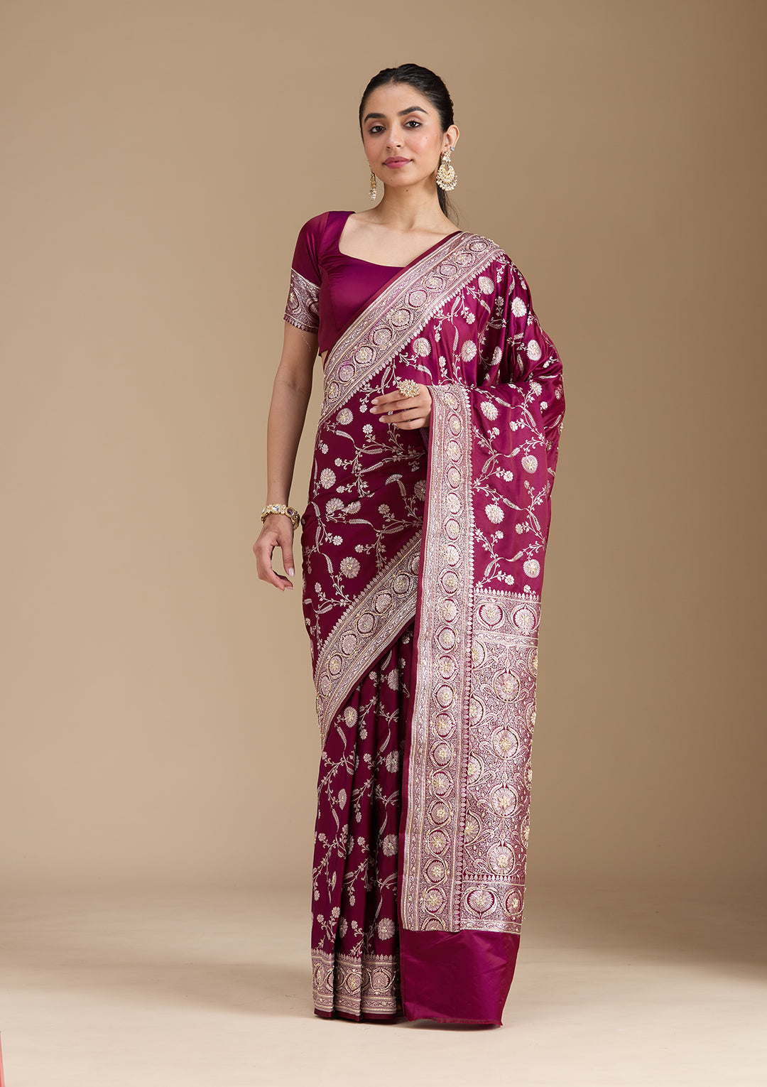 Wine Silk Jaal Gold Zardozi Saree With Matching Blouse Piece