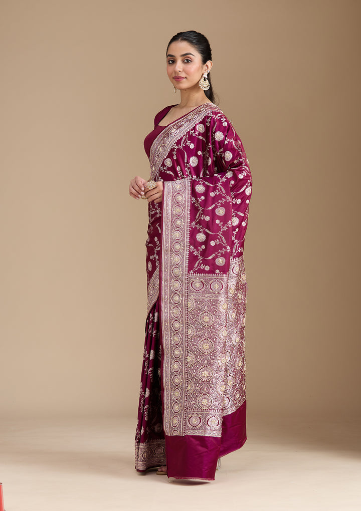 Wine Silk Jaal Gold Zardozi Saree With Matching Blouse Piece